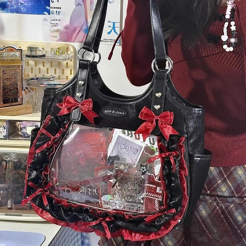 Women Luxury Design Ruffled Lolita Handbag Punk Gothic Bow Crossbody Bags Transparent Sweet Lace Shoulder Ita Bag Y2k Aesthetic