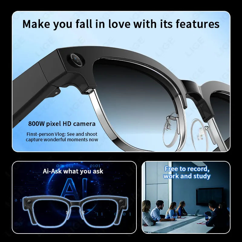 AI Smart Glasses 8 Million Pixels Recording Videos Photo Recognition Answer Translation 290mAh IP66 Waterproof Bluetooth Glasses