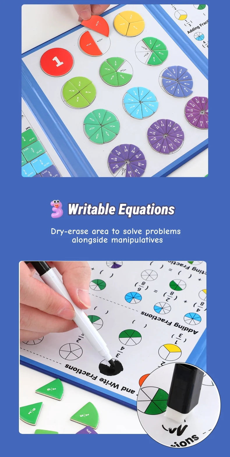 Magnetic Fraction Disk Teaching Aids, Fraction Science Education Model Practical School Interactive Enlightenment Teaching Aids, Block Diagram + Pie Diagram + Erasable Arithmetic Area, Addition and Subtraction Quantity Visual