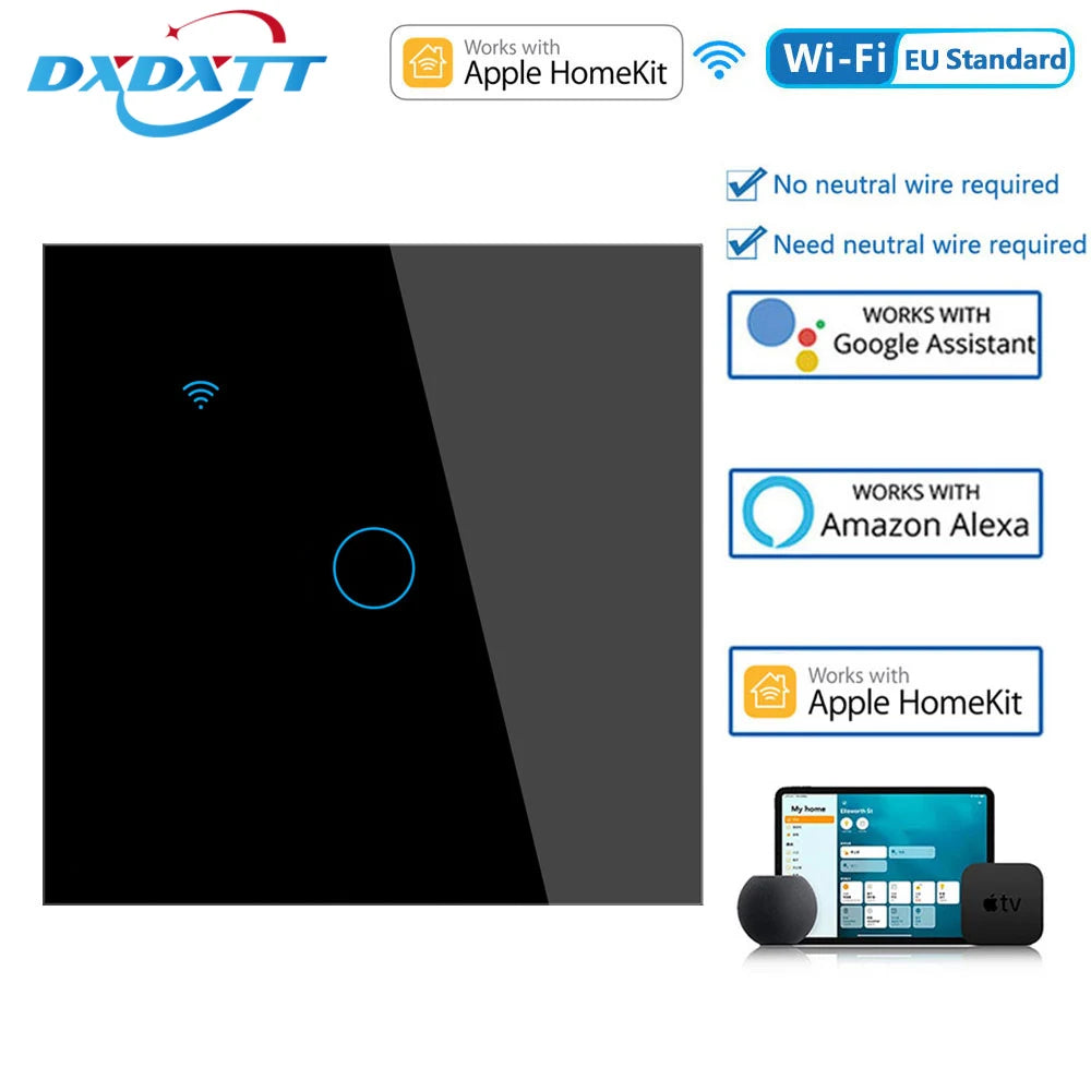 Apple Homekit Smart Switch No Neutral EU/US WIFI Touch Sensor Light Switch Smart Google Home Alexa Siri Voice Control 220V 110V
