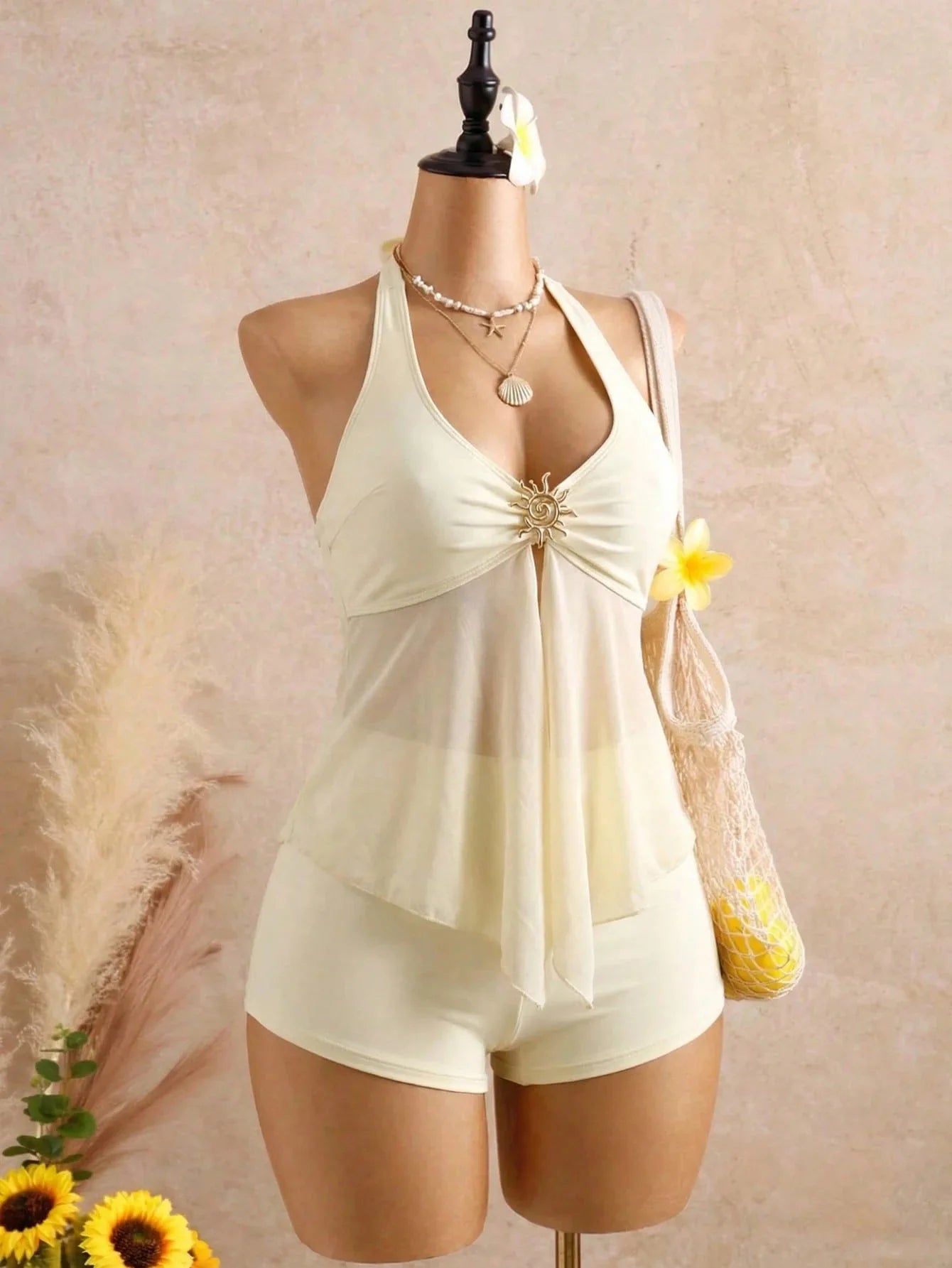Beige Two Piece Bikini Set 2026 Women Metal Sun Ornament Mesh Tank Top High Waist Swimsuit Holiday Bathing Suit Swimwear