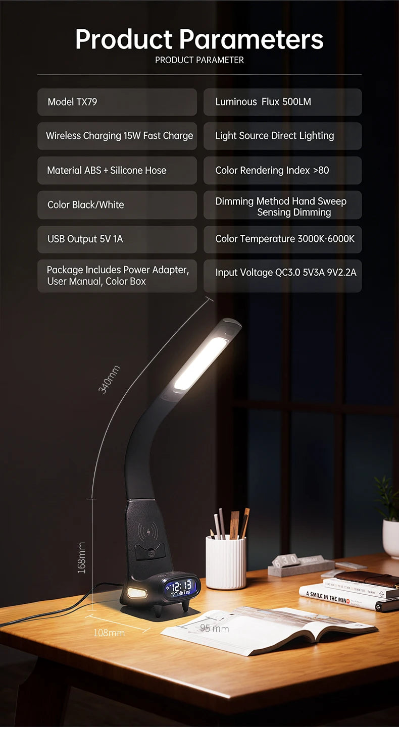 Multi-Function Eye-Protecting Reading Desk Lamp for Students 3000K-6000K Stepless Dimming 15W Wireless Fast Charging Study Light