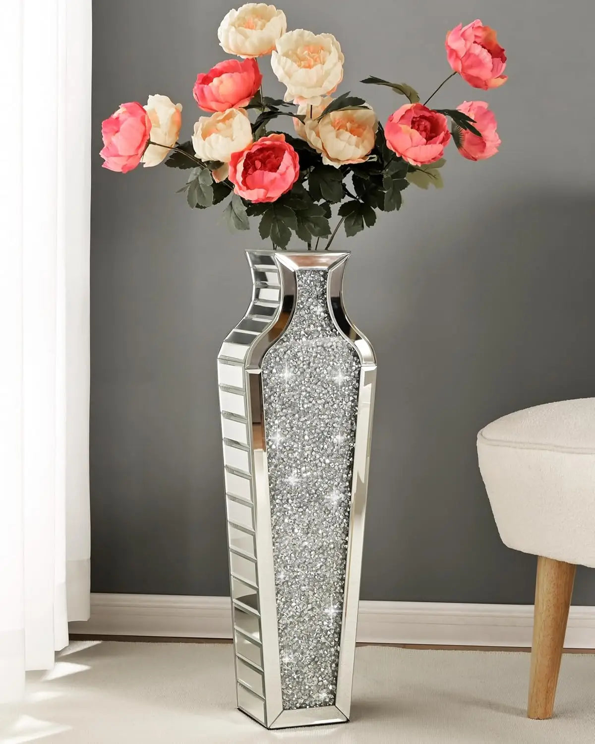 Tall Crushed Diamond Floor Vase Large Silver Mirror Vases for Decor Living Room Floor, Luxury Container for Dried Flower