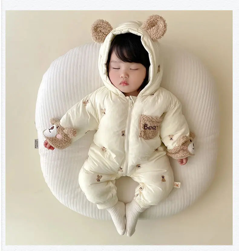 New Winter Thick Keep Warm Boys Girls Rompers Lined With Velvet Cartoon Bear Pattern Hooded Bodysuits For 1-2 Years Old Kids