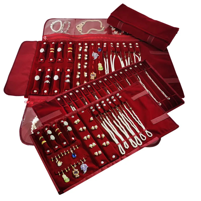 Burgundy Velvet Jewelry Roll Bag Portable Foldable for Necklace Earrings Ring Travel Exhibitions Organizer Storage Bag