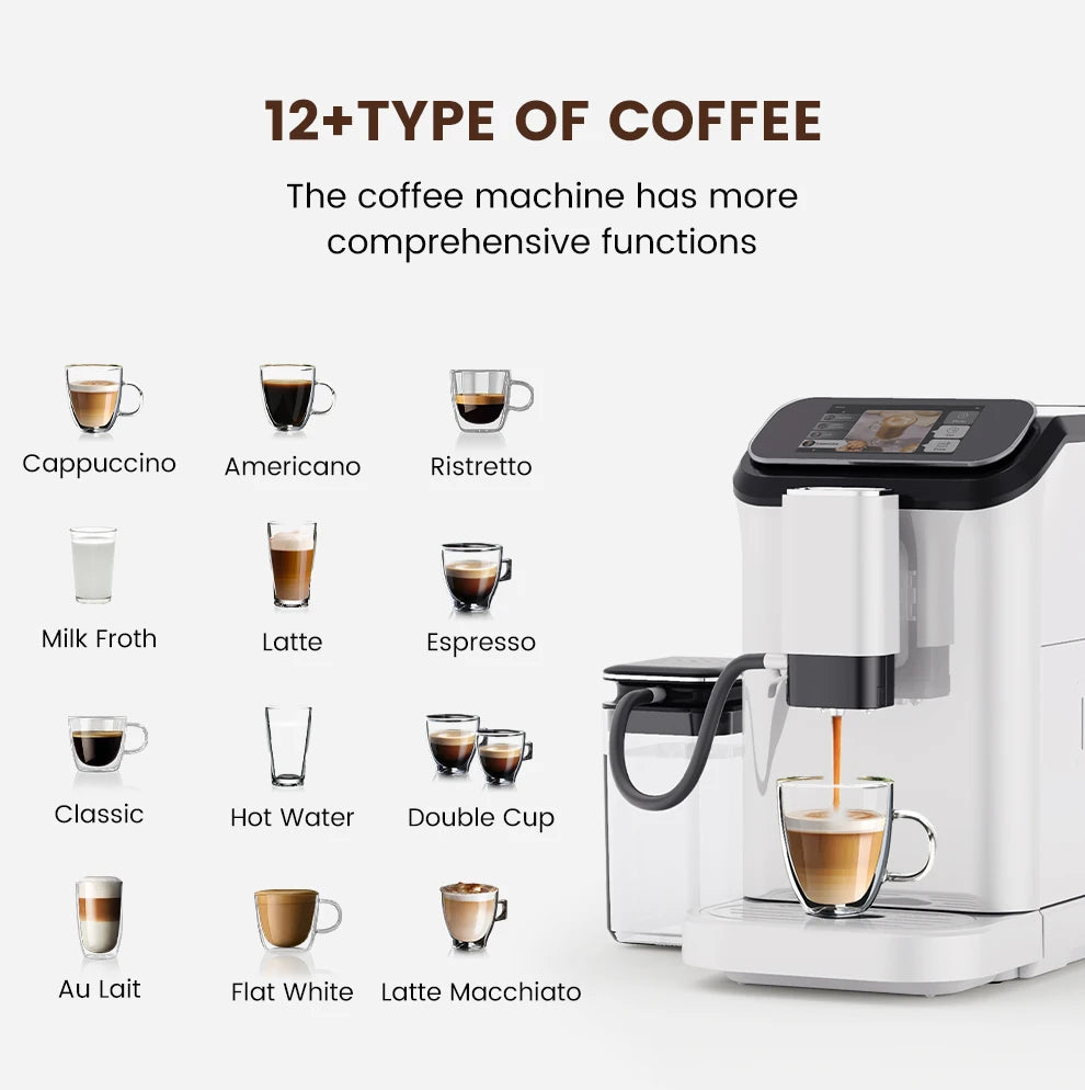 Mcilpoog WS-D5 Automatic Coffee Machine - Smart Wi-Fi , 12 Coffee Varieties, Touchscreen & Built-In Frother/1.5L Tank for Home