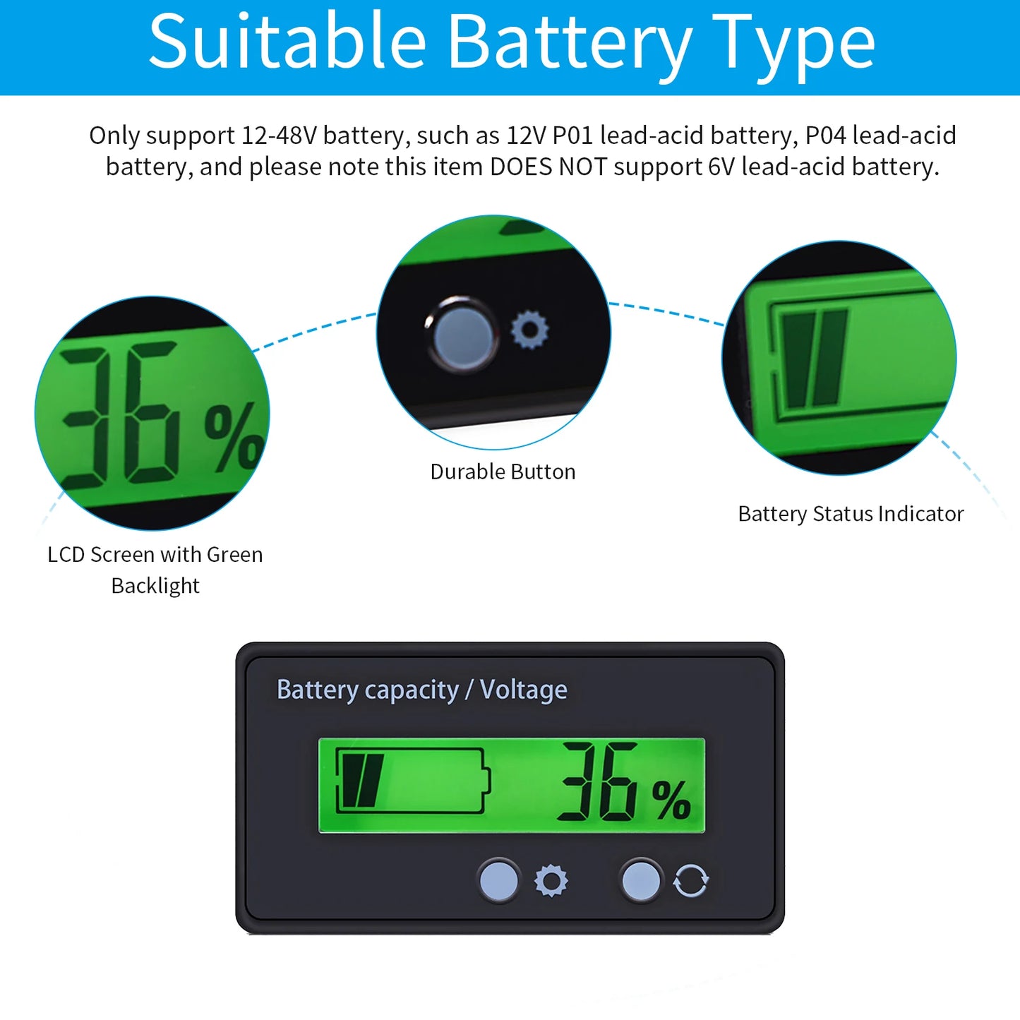 LCD Display Backlit Universal Battery Capacity Voltage Meter Tester Voltmeter Monitor with Connecting Cable