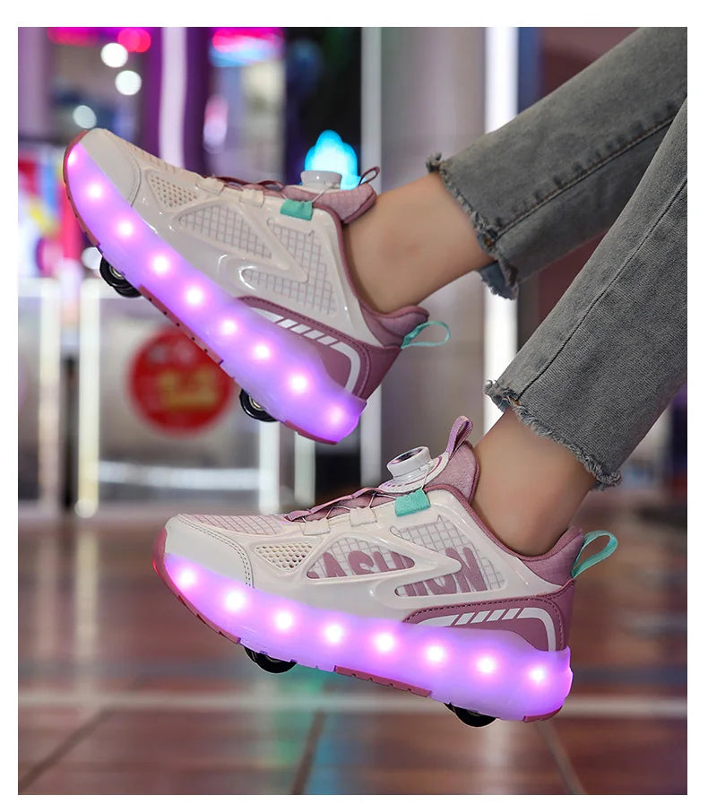 Children's Roller Skate Shoes 4-Wheels Removable Wheeled Rolling Shoes for Kids with LED Light Inline Skate Sneaker