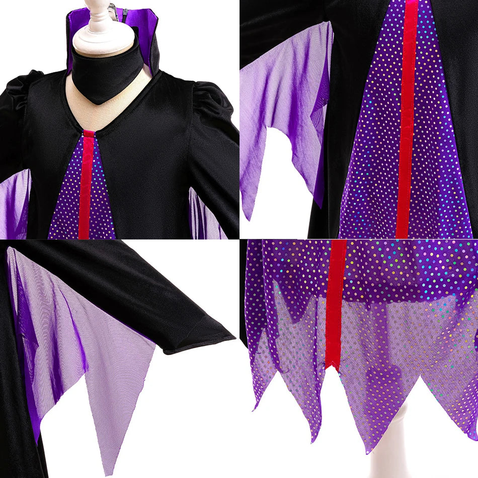 Halloween Costume Girls Cartoon Maleficent Cosplay Dress Children Fancy Witch Disguise Robe Carnival Devil Queen Dot Tulle Frock