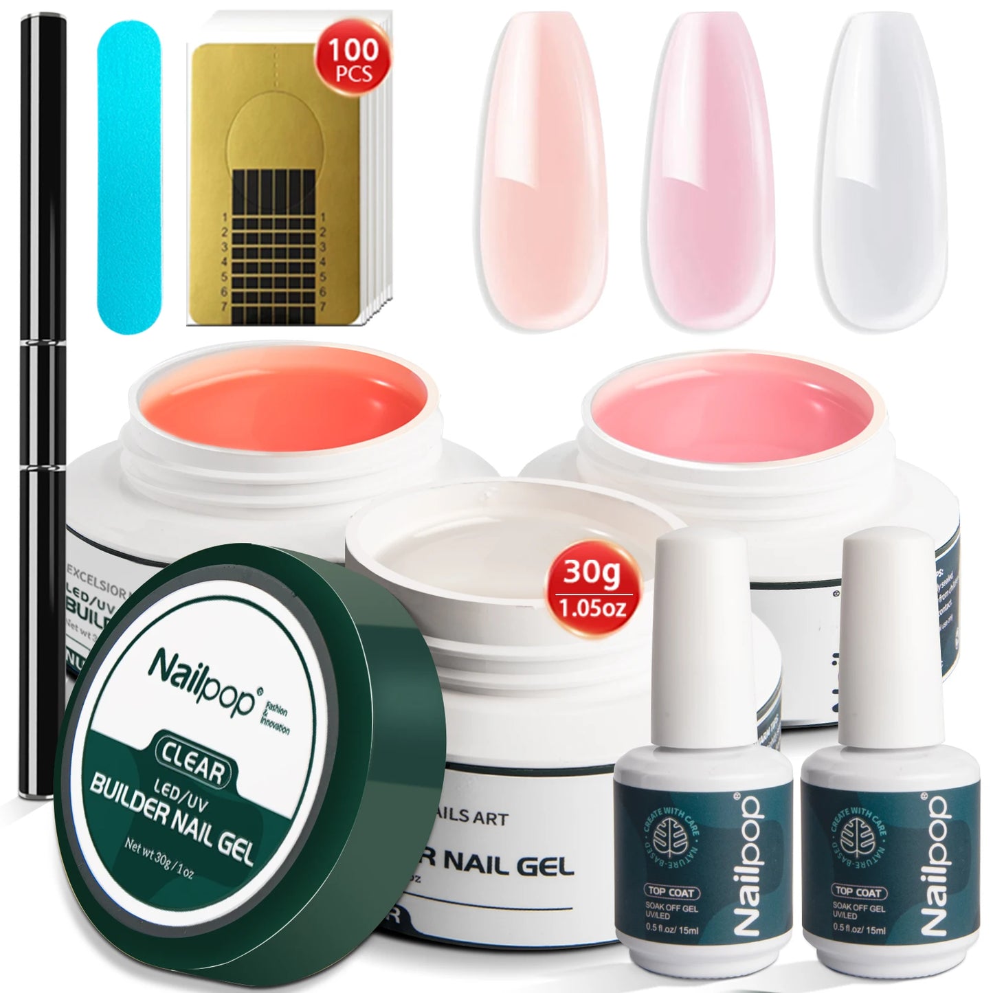 NAILPOP Builder Nail Gel Set 3 Basic Colors Nail Extension Kit Clear Nude Pink Strengthen Gel with Brush 100Pcs Nail Forms DIY