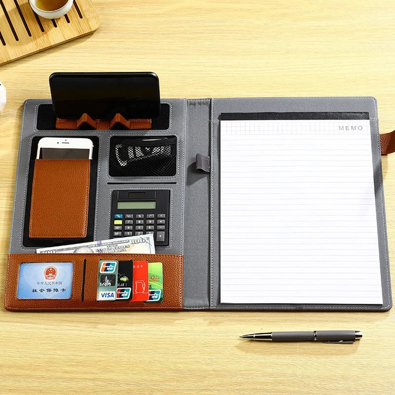 A4 Leather Padfolio Portfolio File Folder Man Document Holder Desk Organizer Executive Folders Calculator Briefcase for Office