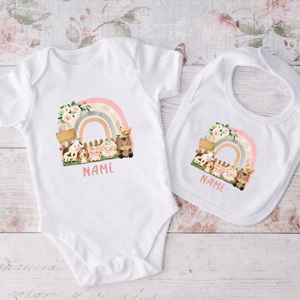 Personalized Matching Baby Bib & Romper Custom Name Animal Rainbow Printen Newborn Bibs Bodysuit Set Infant Shower Gift 2 Pcs