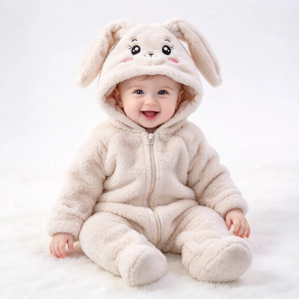 Baby Animal Onesie 0-12M Panda Bunny Bear Hooded Plush Romper Soft Warm Coral Fleece Jumpsuit Newborn Bodysuit Winter Costume