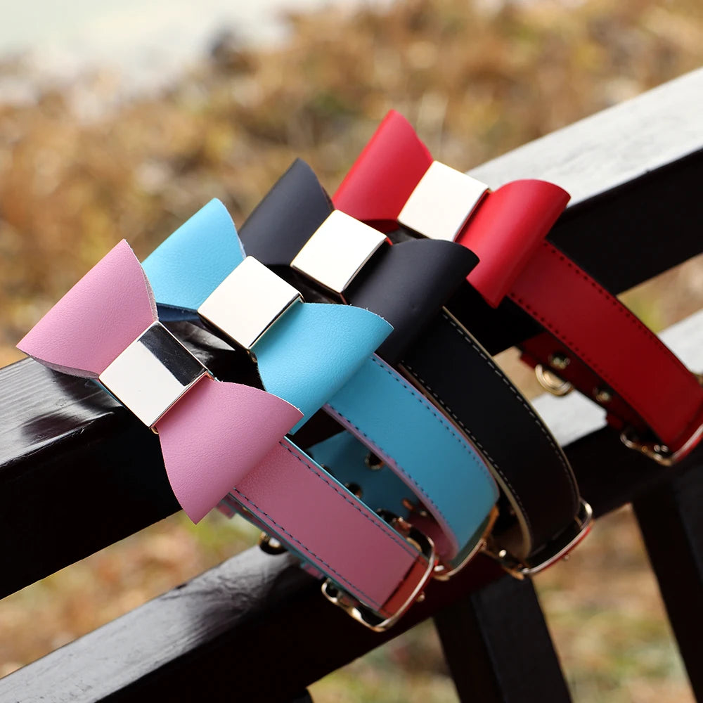 Cute Bowknot Custom Dog Collar PU Leather Puppy Dog Collars Adjustable Pet Cat Necklace With Bow tie for Small Medium Large Dogs