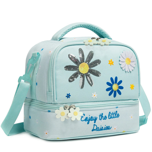 Kids Dual Compartment Lunch Bag for Girls, Double Decker Cooler Insulated Lunch Box Large Meal Tote for Kids