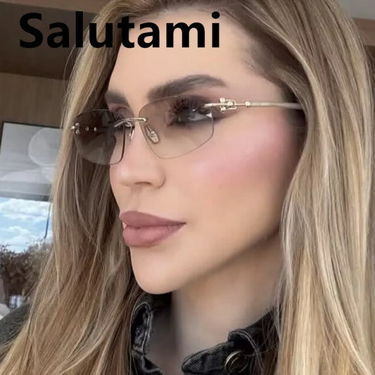 cutting rimless square sunglasses for women new fashion brand beige gradient sun glasses ladies alloy elegant shades driving