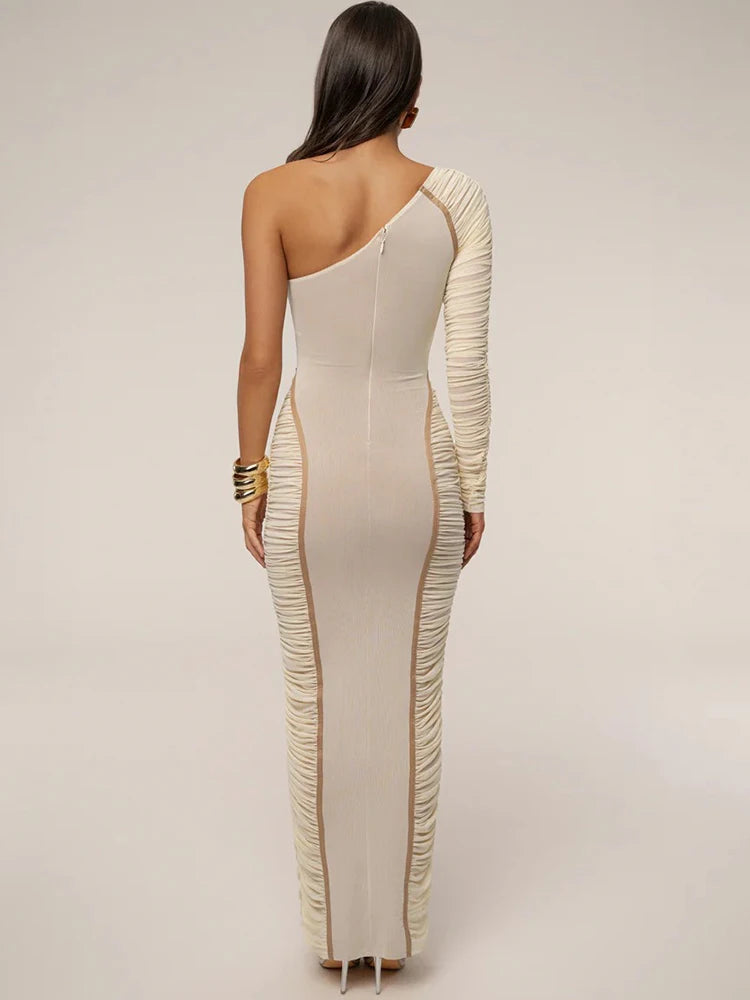 Mozision One Shoulder Backless Sexy Maxi Dress Women Gown Elegant Skew Collar Single Sleeve Ruched Bodycon Club Party Long Dress