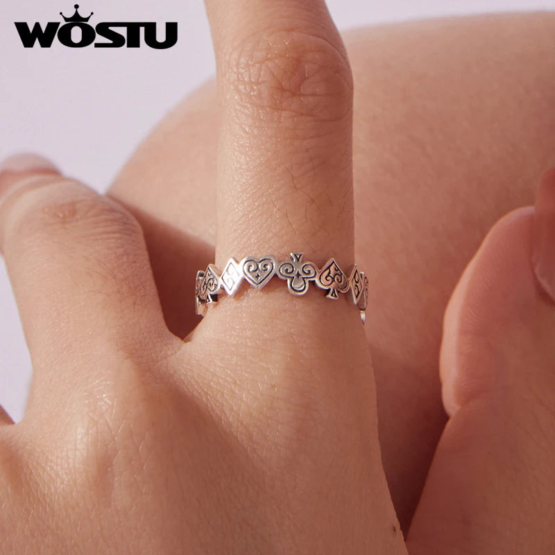 WOSTU Vintage 925 Sterling Silver Poker Card Open Ring For Women, Antique  Adjustable Stacking Party Rings Fine Gift