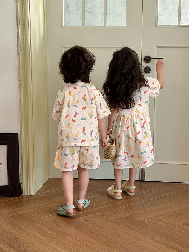 2025 New Vacation Style Cotton Kids' Summer Clothing Set Girls Sundress for 80 - 150cm Boys and Girls Sibling Outfits