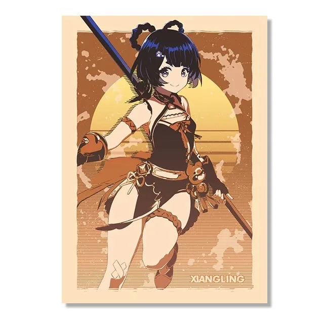 Genshin Game Retro Canvas Poster Ganyu Hu Tao Game  Wall Hanging Painting Anime Wall Art Pictures and Print for Home Room Decor