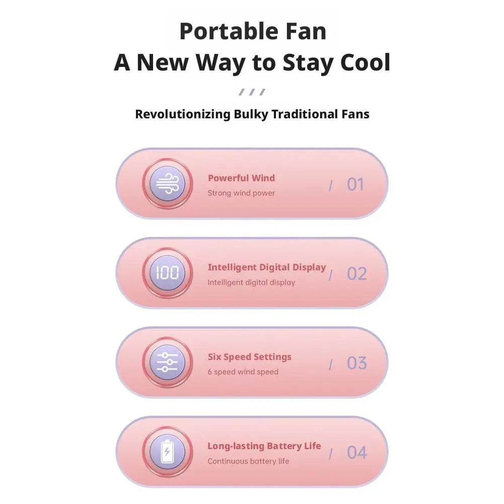 Portable Mini Fan With 6 Speeds LED USB Rechargeable Charging Small Foldable Battery Fans Handheld Desk Bedroom Indoor Outdoor