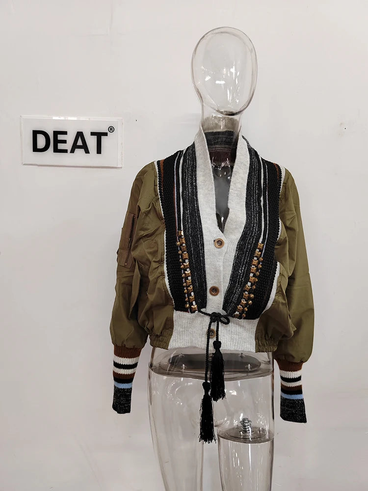 DEAT Fashion Women's Jacket Rivet Patchwork Tassel V-neck Long Sleeve Single Breasted Contrast Color Coat Spring 2025 New CP0361