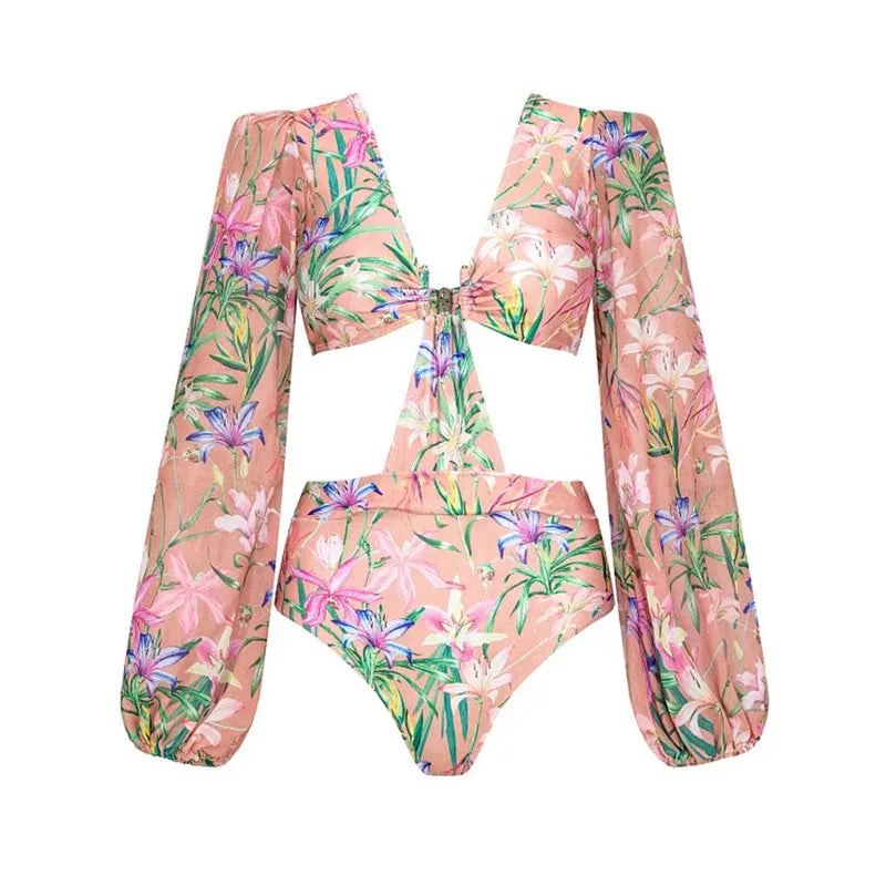 Women Swimwear Summer Floral Printed V-neck Swimsuit One-piece Bodysuit Bikini Set Beach Style Wear Maxi Dress Skirt Vacation