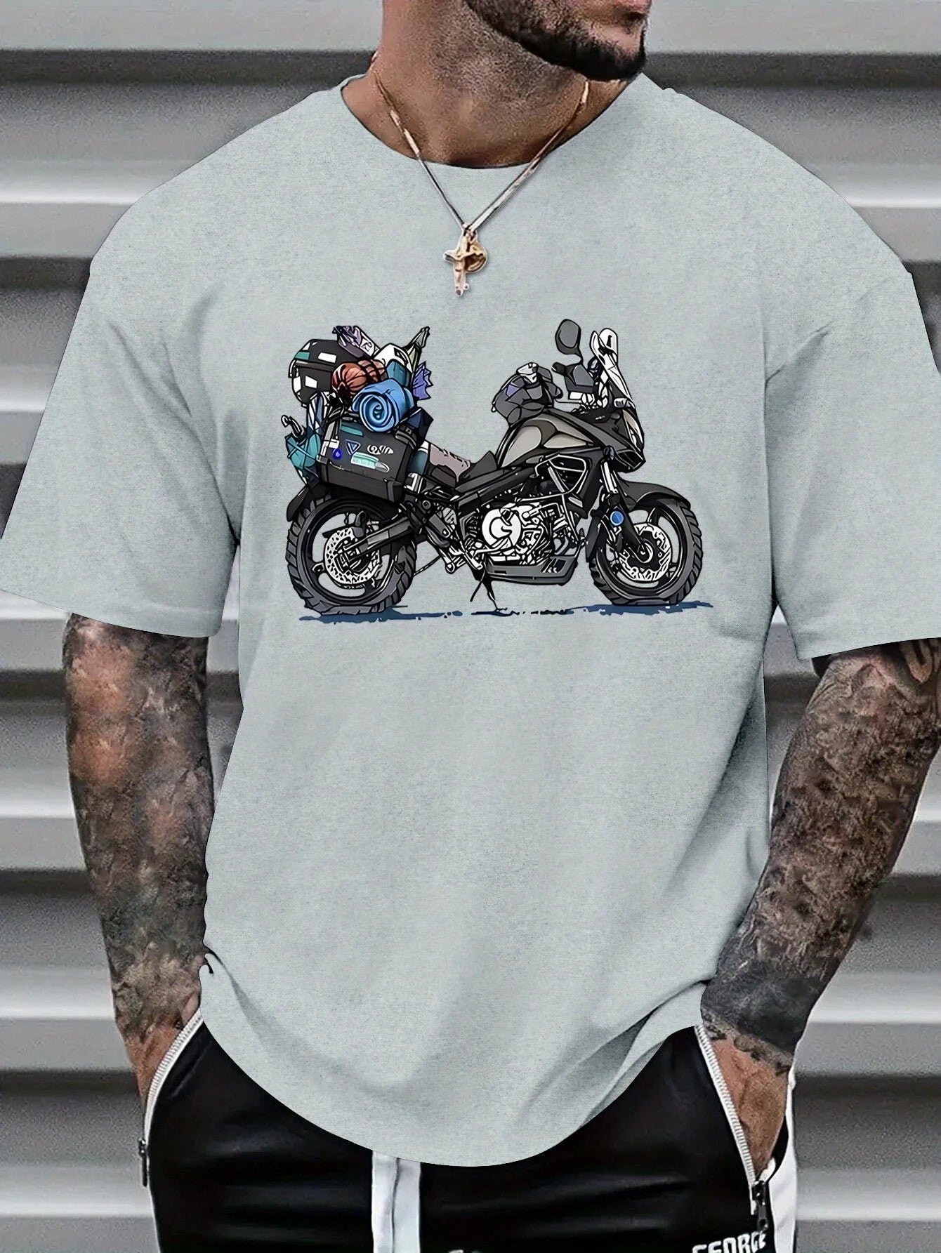 Summer 100% Pure Cotton Men's Fashionable Casual Rally Travel Motorcycle Print Loose Sports Round Neck Short Sleeved T-Shirt Top