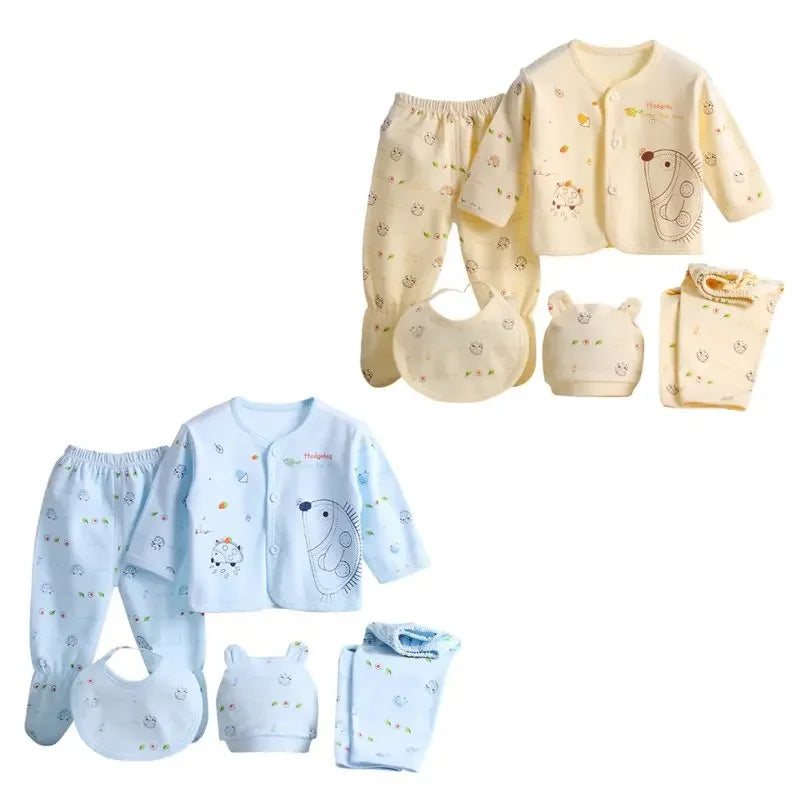 5pcs Newborn Baby 0-3m Clothing Sets Baby Boy Girl Top 2 Pants Hat Bibs Clothes Cotton Cartoon Underwear Infant Breathable Suit
