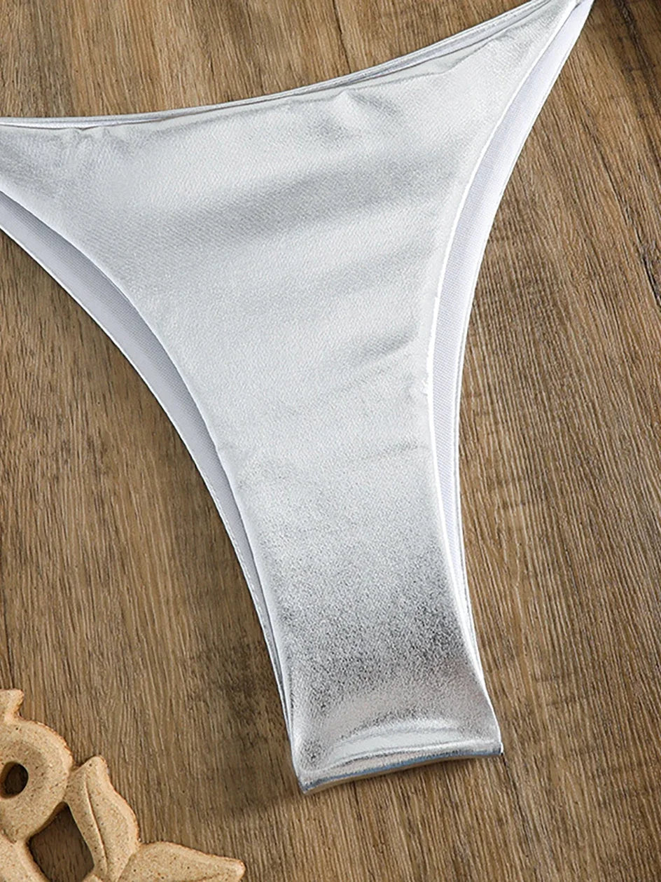 Sexy Metallic Halter Bikinis Sets Lace Up Triangle Tie Side Bikini 2026 Swimsuit Women Swimwear Brazilian Female Bathing Suits