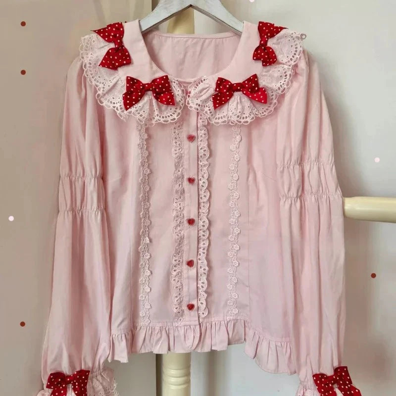 Women Harajuku Japanese Style Sweet Lolita Shirts Peter Pan Collar Bow Lace Ruffles Long Sleeve White Blouse Blusas Mujer Tops