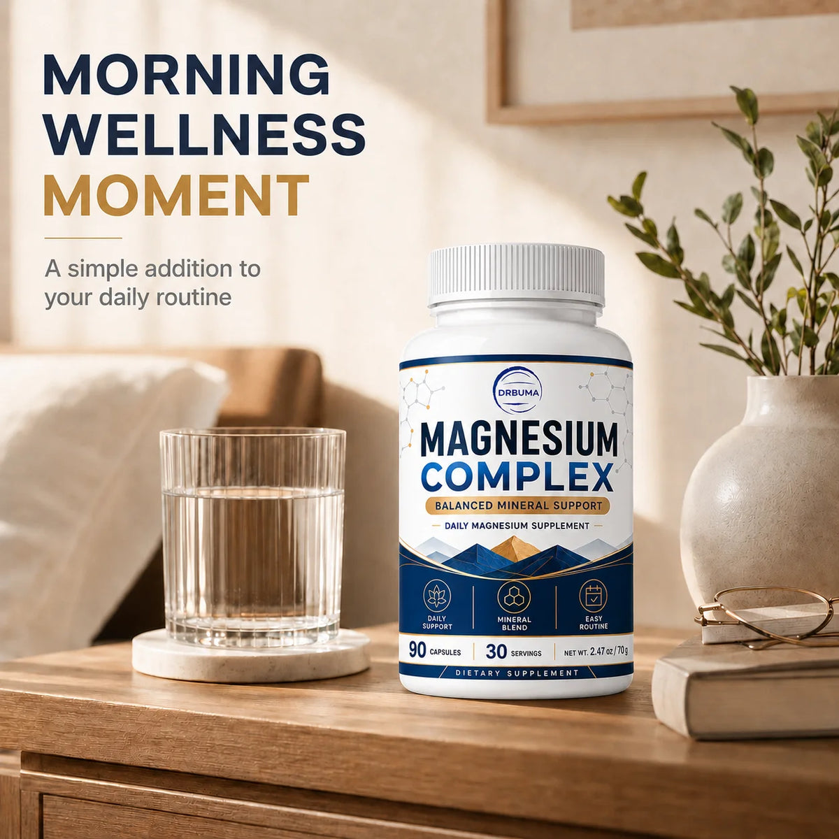 90-Count Magnesium Complex Capsules, Daily Dietary Nutritional Supplement for Adults, Large-Capacity Bottle with 30 Servings, Easy Daily Intake, Easy-to-Swallow Capsules, Ideal Choice for a Healthy Lifestyle