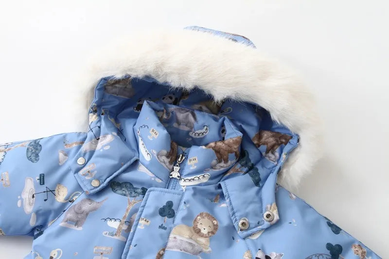 Bellbell Winter 2-6Yrs Girls Snowwear Jumpsuit Faux Fur Hooded Floral Print Kids Baby Girl Romper Thicken Warm Toddler Bodysuit