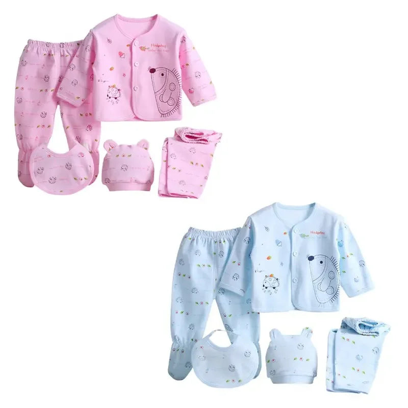 5pcs Newborn Baby 0-3m Clothing Sets Baby Boy Girl Top 2 Pants Hat Bibs Clothes Cotton Cartoon Underwear Infant Breathable Suit