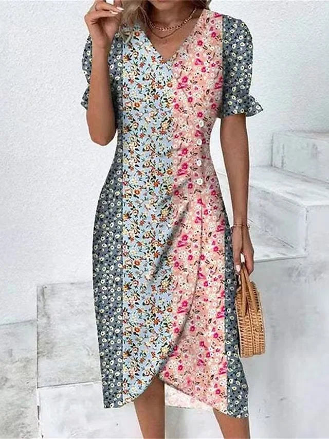 Elegant Floral Pleated H shaped Midi Dress Female V Neck Puff Sleeve Waist Ruched Button Dresses Women Summer Dress Robe