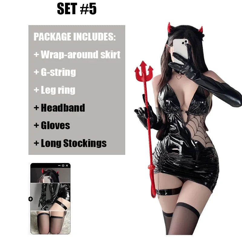 Halloween Costumes Sexy Lingerie Seductive Witch Spider Women Cosplay PU Faux Leather Bodycon Dress Tight Hip Stocking Outfit