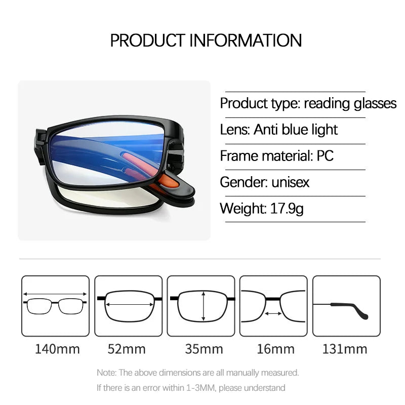 Portable Glasses Men Women Folding Reading Glasses with Case Anti Blue Light Eyeglasses Presbyopia Retro Unisex Pocket Glasses
