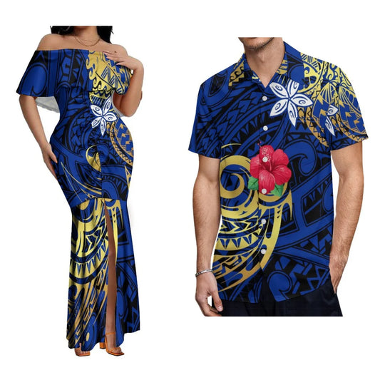 Polynesian Couple Set Custom Women'S One-Line Shoulder Lotus Skirt Men'S Short-Sleeved Shirt Banquet High-Quality Dress
