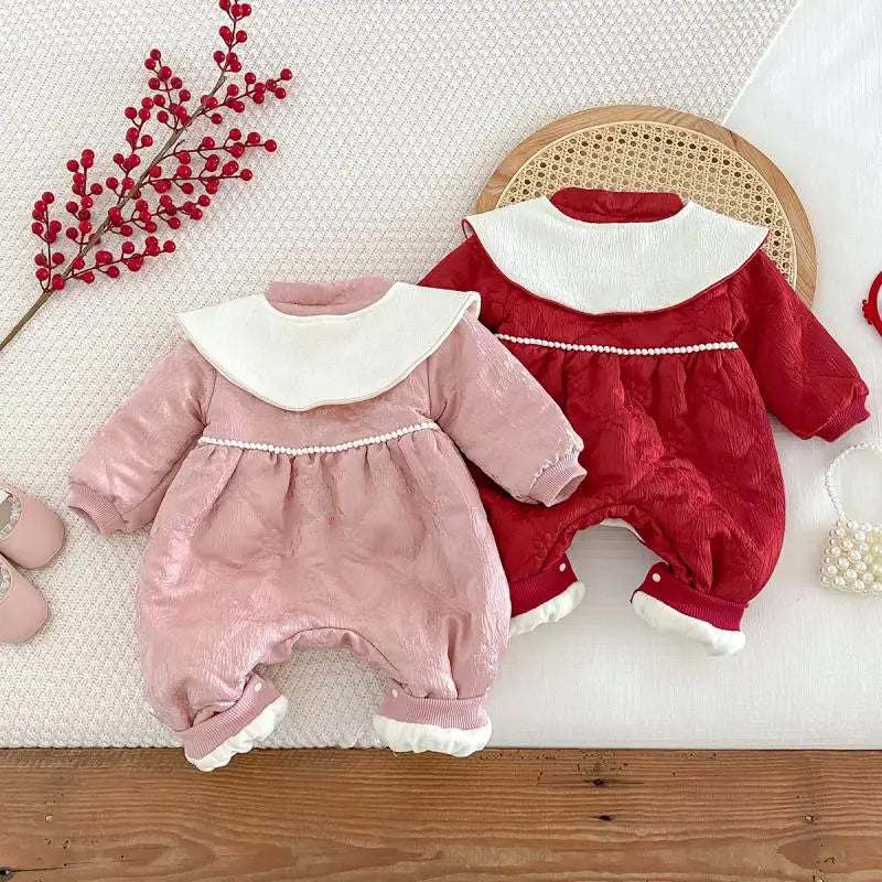 Baby Warm New Year Christmas Rompers 0-2 Year Old Korean Childrens Wear Winter Bodysuit Toddler Girls Sweetheart Outwear