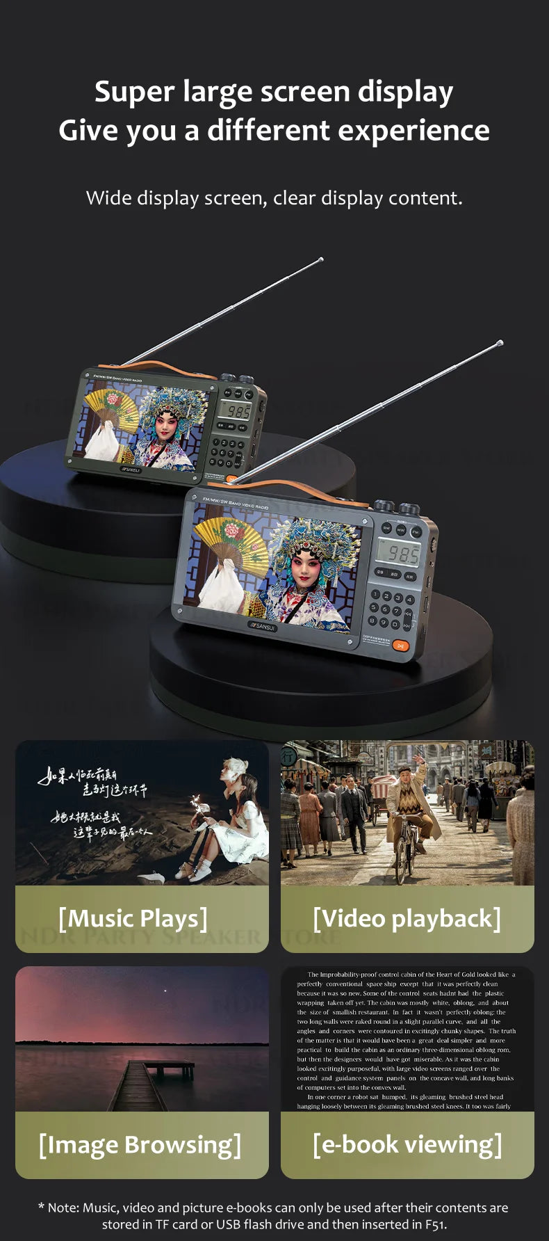 SANSUI Portable FM/MW/SW Radio 7-inch HD LED Display Radio Wireless Bluetooth Speakers Dual TF Card Slot MP4 Video Music Player