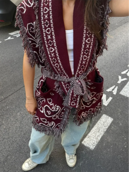 Women's Print Fringe Knitted Vest Coat Fashion Sleeveless Tie Waist Pocket Cardigan Sweater Lady 2025 Autumn Casual Outerwear