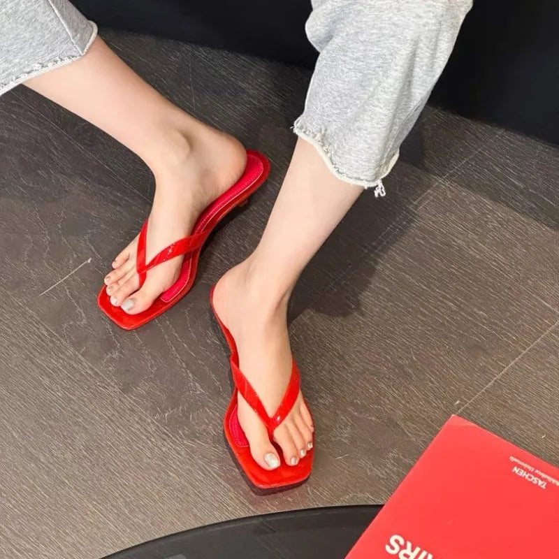 Vacation Elegant Kitten Heel Thong Sandals, Square Toe Clear Brown Jelly Flip Flops, Women Summer Comfortable Beach Party Shoes