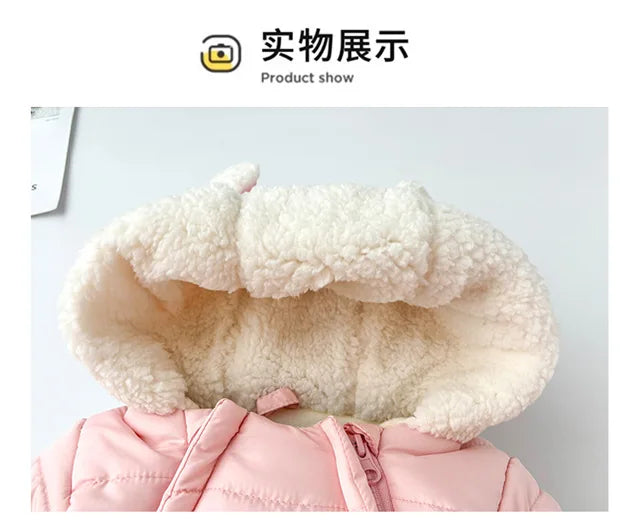 Winter New Baby Boys Girls Bodysuit Solid Color Lining Plush Thick Warm Hooded Jumpsuits For 6M-30M Kids Cotton Romper Snowsuit