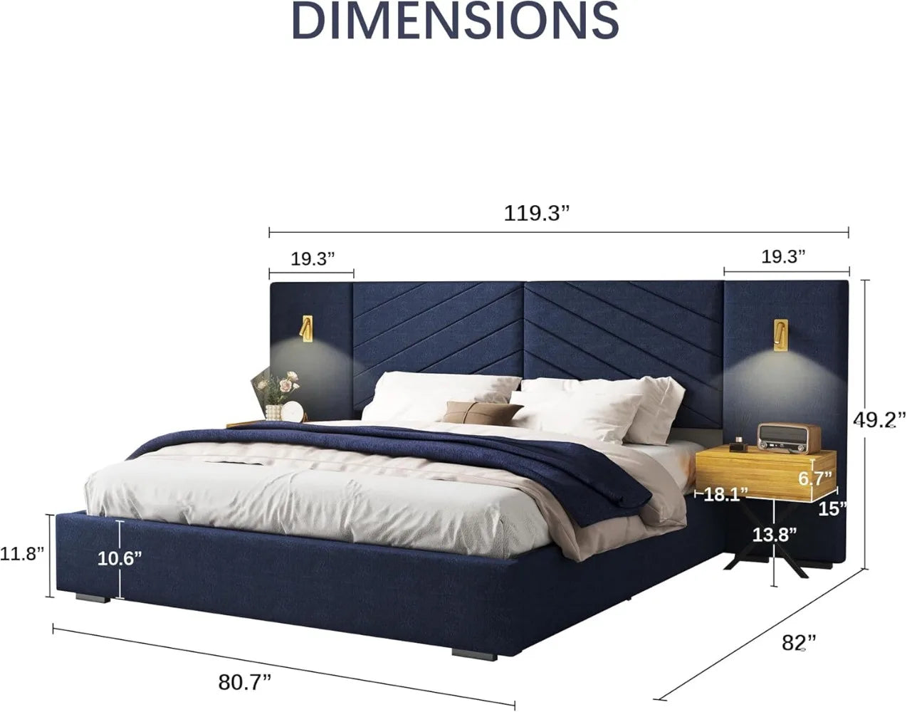 Luxury Bed Frame with Built-in Gold LED Lights and Nightstands, King Size Platform Bed with Oversize Upholstered Headboard,