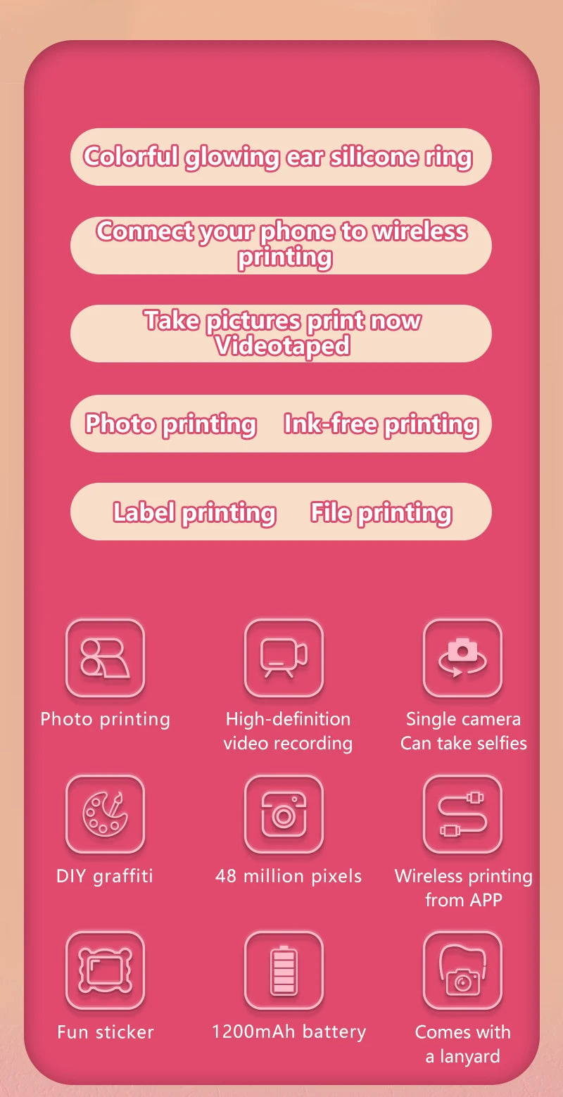 Print Camera for Kids Bluetooth Wireless Inkless Instant Print Connected APP Take Photo Video Record Camera Boys Girls Gift Toys