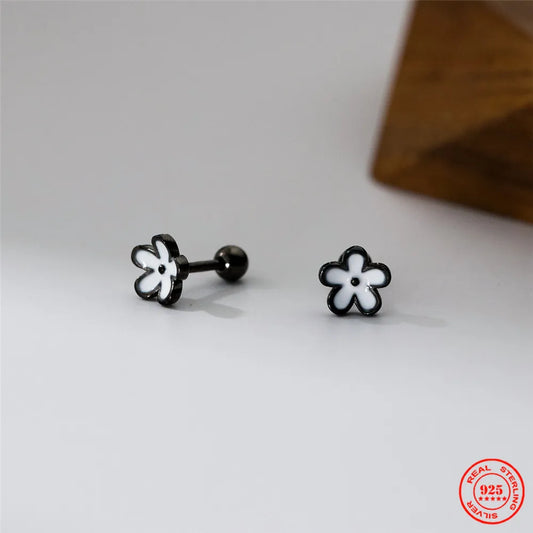 YIZIZAI Womens Earrings Silver 925 Enamel Black Flower  Ear Piercing For Women Screw Silver Stud Earrings