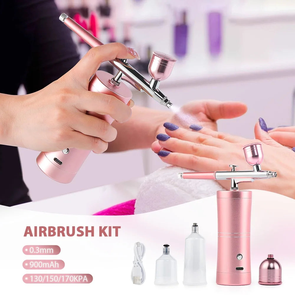Top 0.3mm Pink Mini Air Compressor Kit Air-Brush Paint Spray Gun Airbrush For Nail Art Tattoo Craft Cake Nano Fog Mist Sprayer