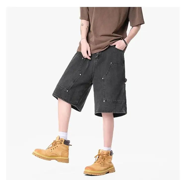 IEFB Workwear Men's Denim Shorts Multi Pocket Wide Leg Baggy Fit Casual Summer Streetwear Casual Cargo Jeans 9X2957