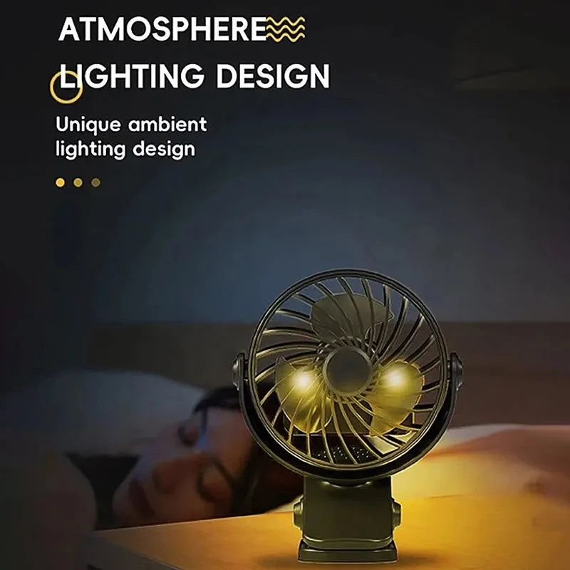 Portable Rechargeable Electric Fan 720° Rotating Hanging Clip Fan with NightLight Office Bedroom Dormitory Outdoor Small Fan