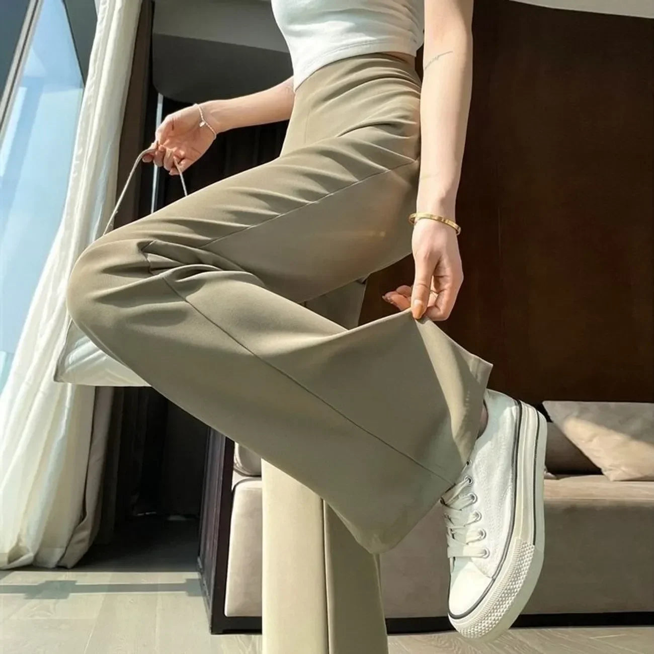 Solid Tailoring High Waist Female Pants Straight Leg Work Loose Clothes Baggy Office Trousers for Women Casual Original Nylon G